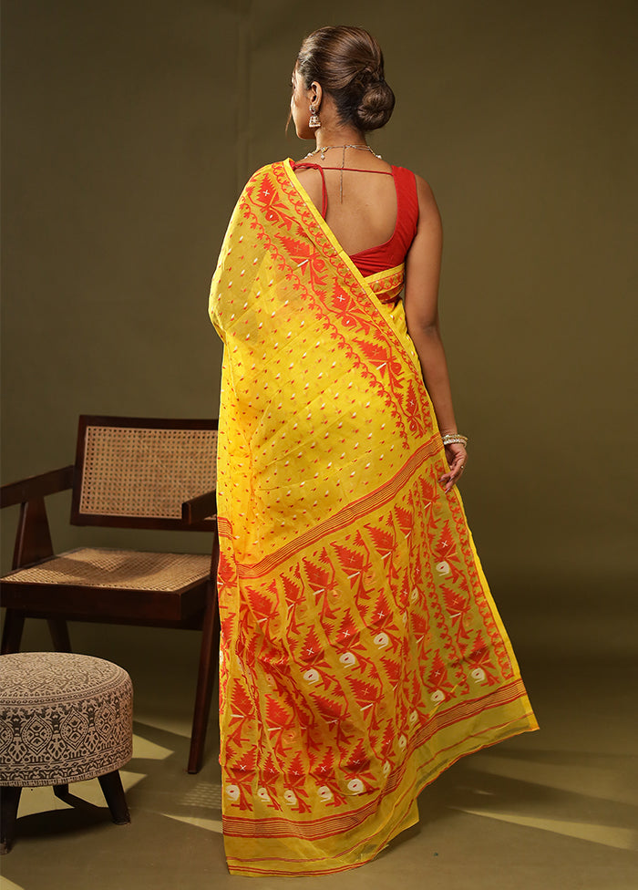 Yellow Jamdani Cotton Saree Without Blouse Piece