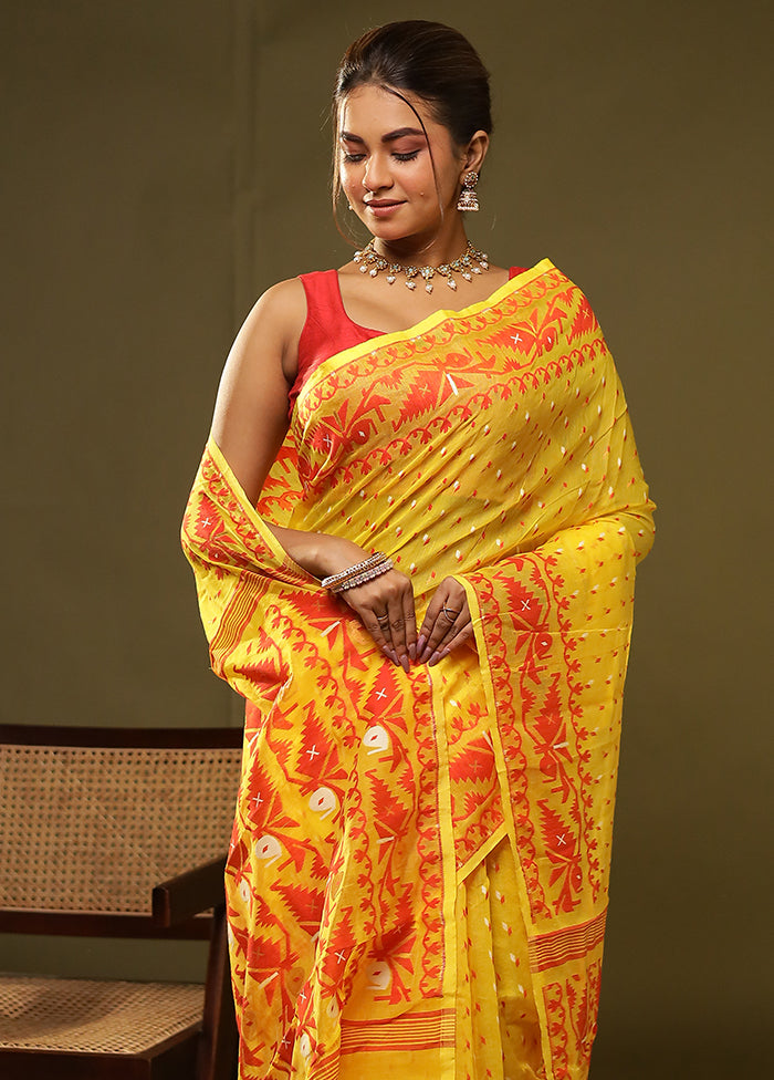 Yellow Jamdani Cotton Saree Without Blouse Piece