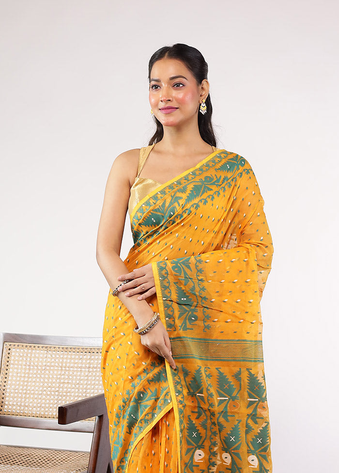 Yellow Jamdani Cotton Saree Without Blouse Piece