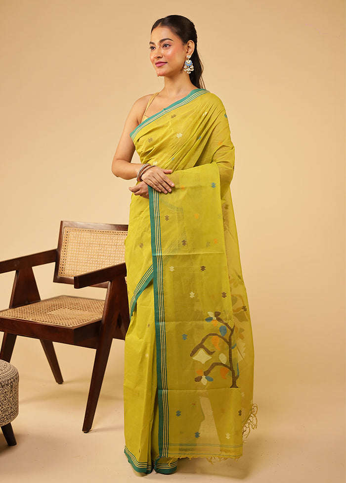 Yellow Jamdani Cotton Saree Without Blouse Piece