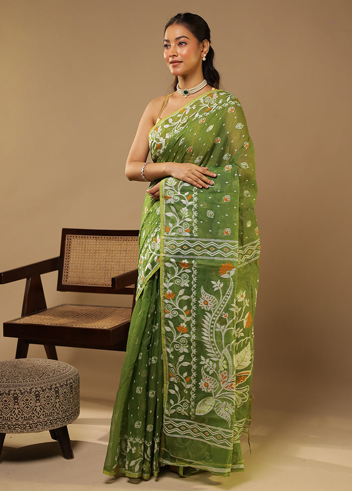 Green Jamdani Cotton Saree Without Blouse Piece