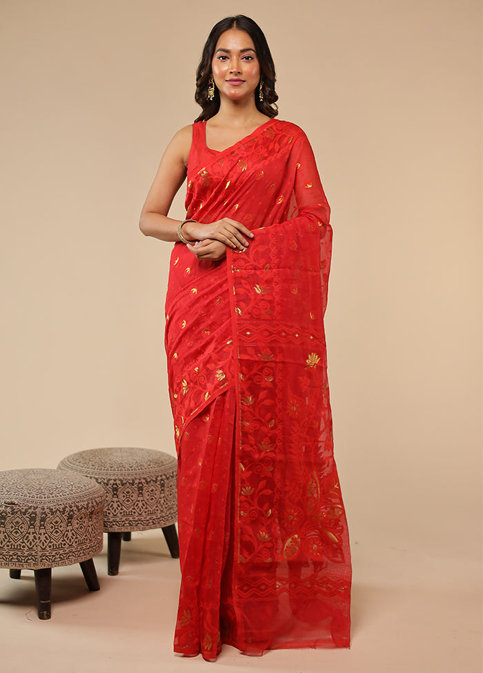 Red Jamdani Cotton Saree Without Blouse Piece