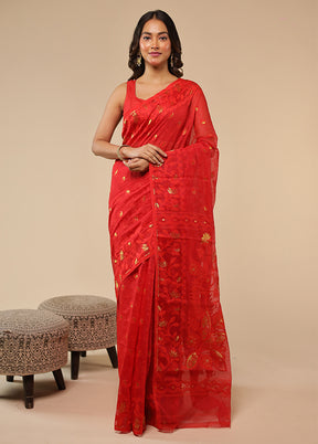 Red Jamdani Cotton Saree Without Blouse Piece