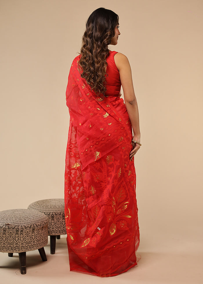Red Jamdani Cotton Saree Without Blouse Piece
