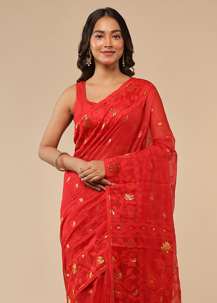 Red Jamdani Cotton Saree Without Blouse Piece