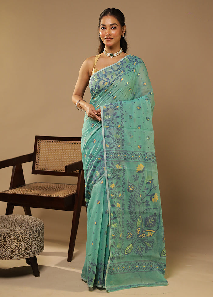 Green Jamdani Cotton Saree Without Blouse Piece