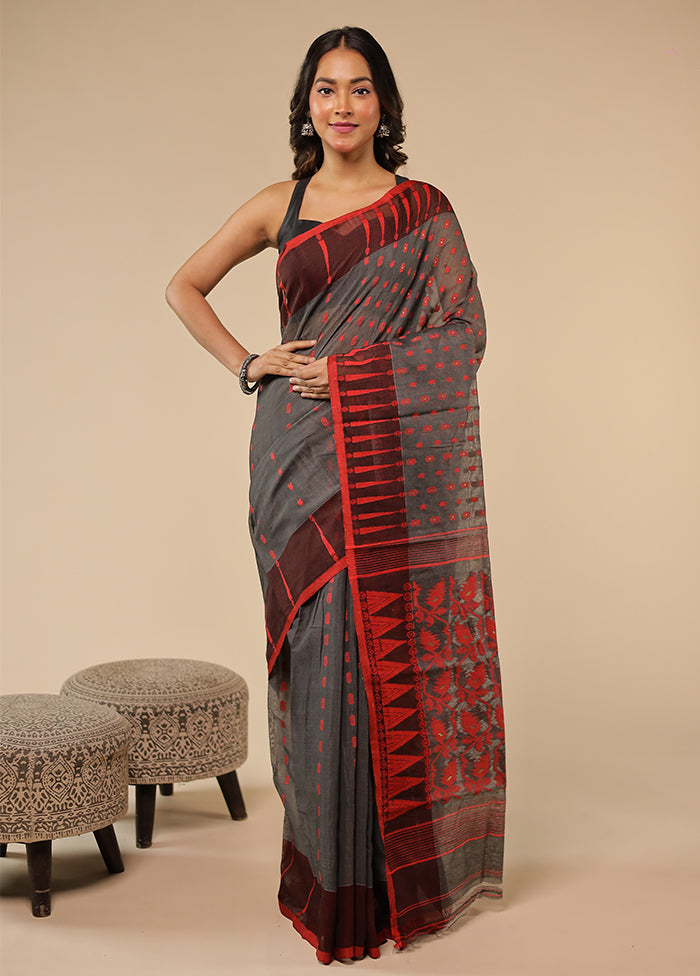 Grey Jamdani Cotton Saree Without Blouse Piece
