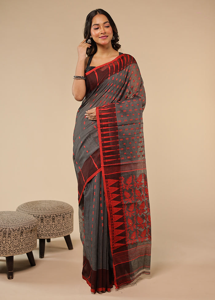 Grey Jamdani Cotton Saree Without Blouse Piece