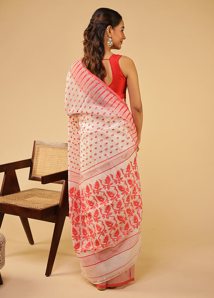 White Jamdani Cotton Saree Without Blouse Piece