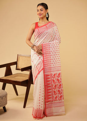White Jamdani Cotton Saree Without Blouse Piece