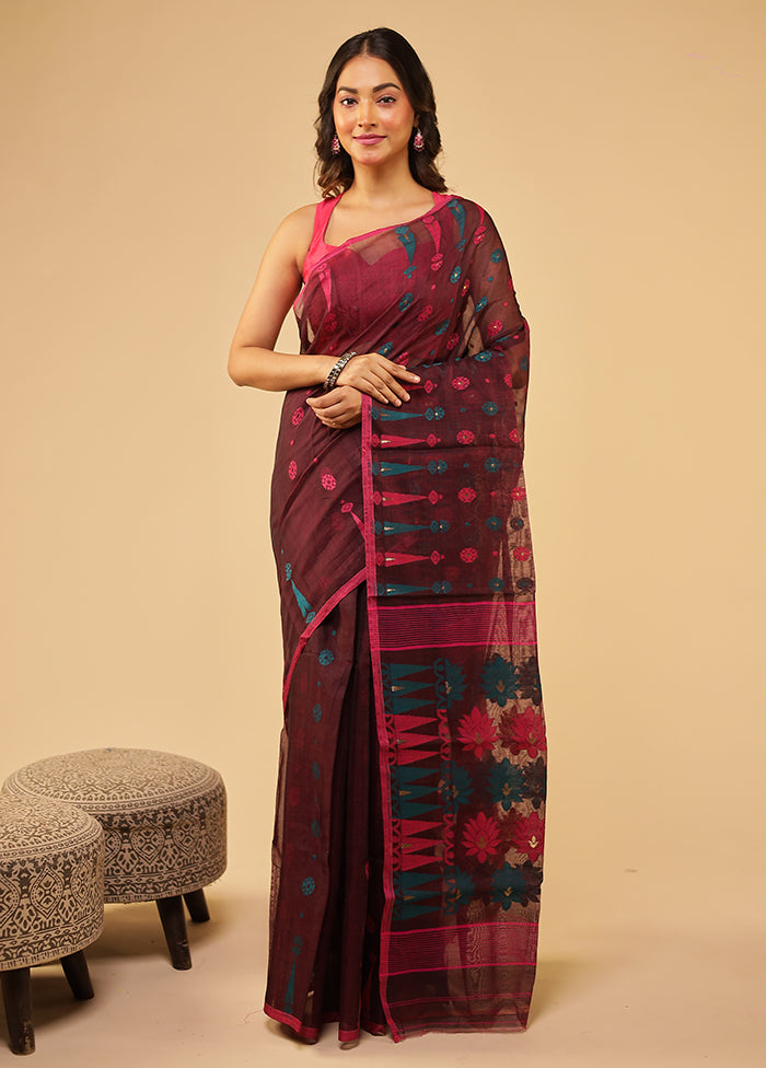 Brown Jamdani Cotton Saree Without Blouse Piece