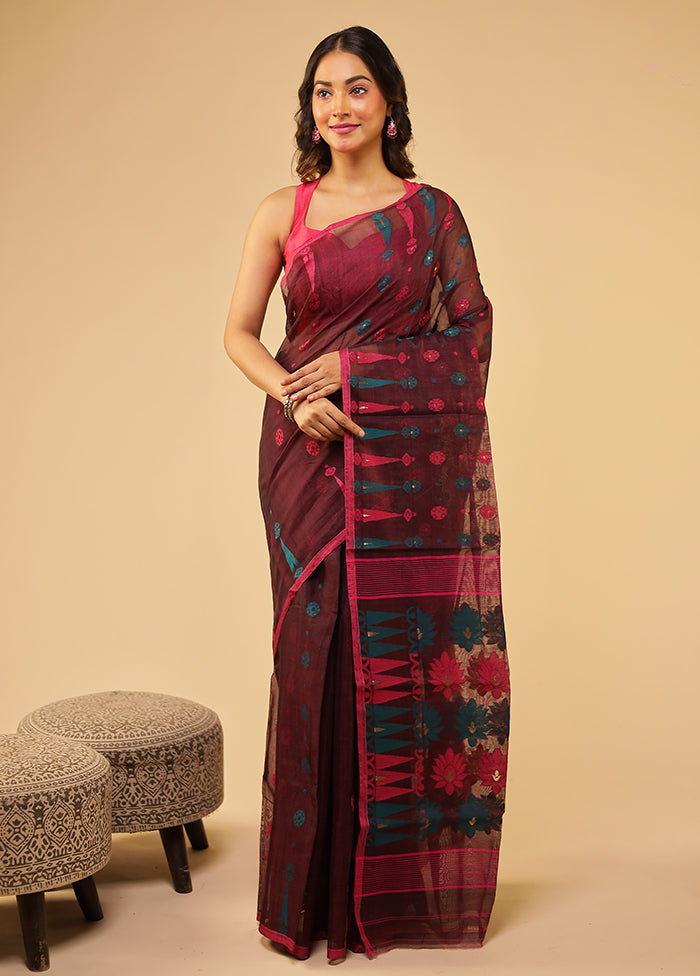 Brown Jamdani Cotton Saree Without Blouse Piece