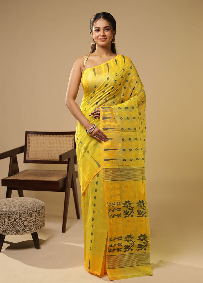 Yellow Jamdani Cotton Saree Without Blouse Piece