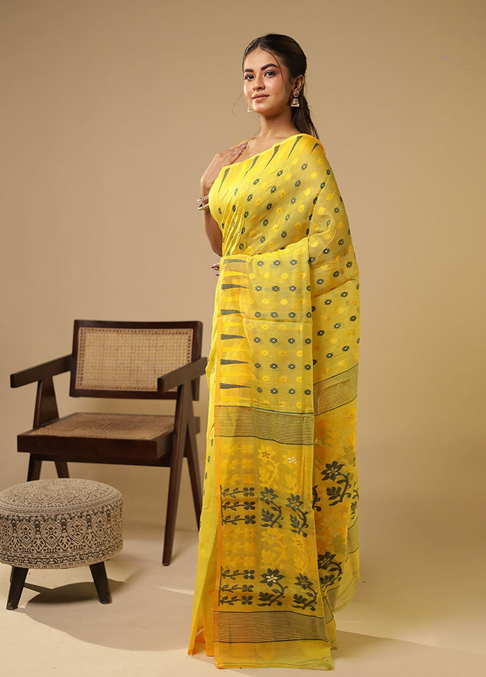Yellow Jamdani Cotton Saree Without Blouse Piece