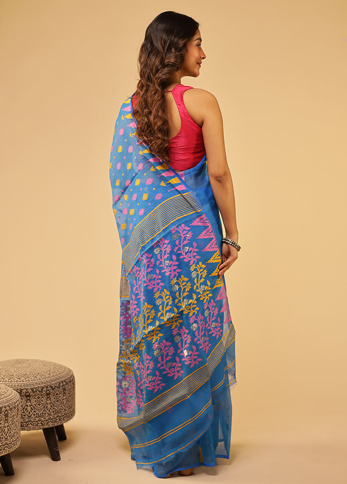 Blue Jamdani Cotton Saree Without Blouse Piece
