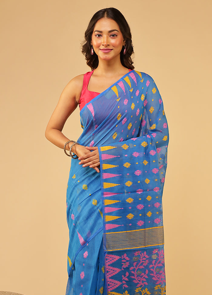 Blue Jamdani Cotton Saree Without Blouse Piece