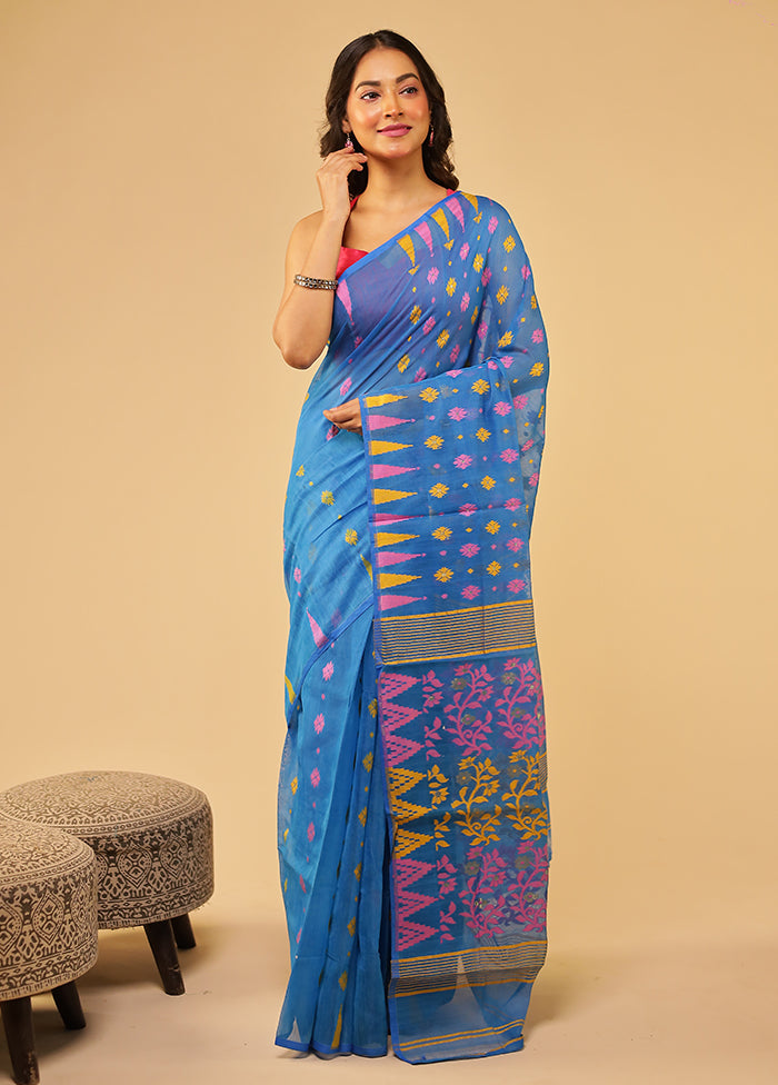 Blue Jamdani Cotton Saree Without Blouse Piece