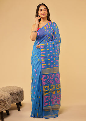 Blue Jamdani Cotton Saree Without Blouse Piece