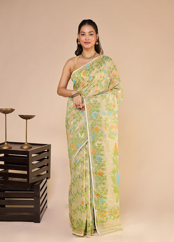 Cream Jamdani Cotton Saree Without Blouse Piece