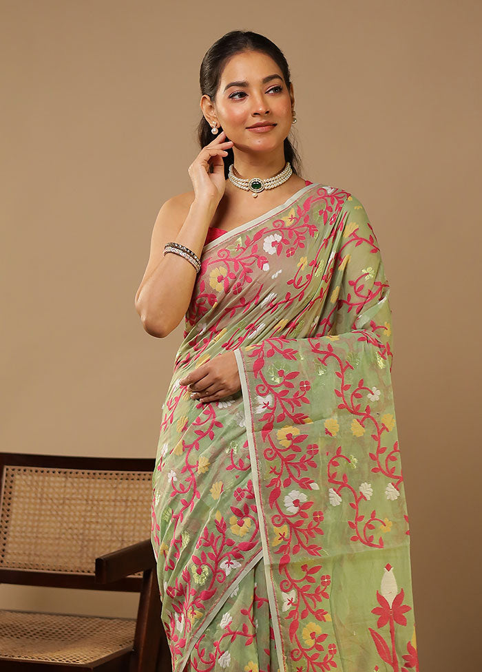 Green Jamdani Cotton Saree Without Blouse Piece