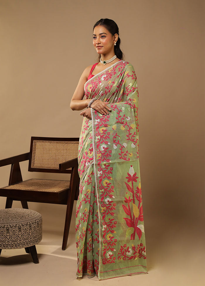 Green Jamdani Cotton Saree Without Blouse Piece