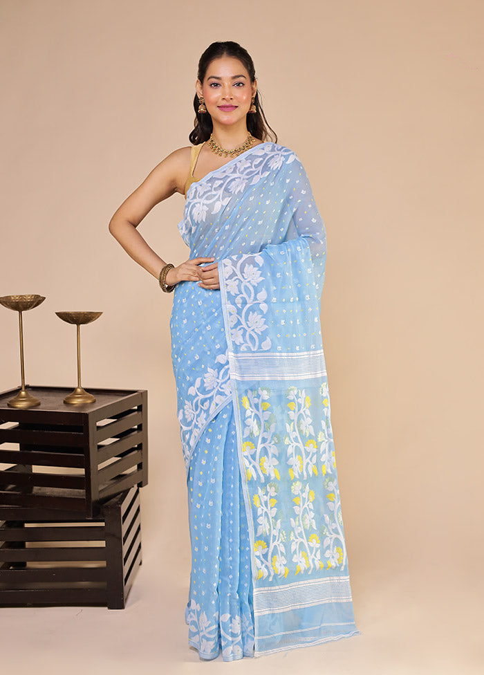 Blue Jamdani Cotton Saree Without Blouse Piece