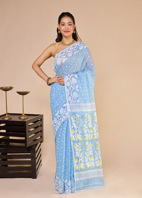 Blue Jamdani Cotton Saree Without Blouse Piece