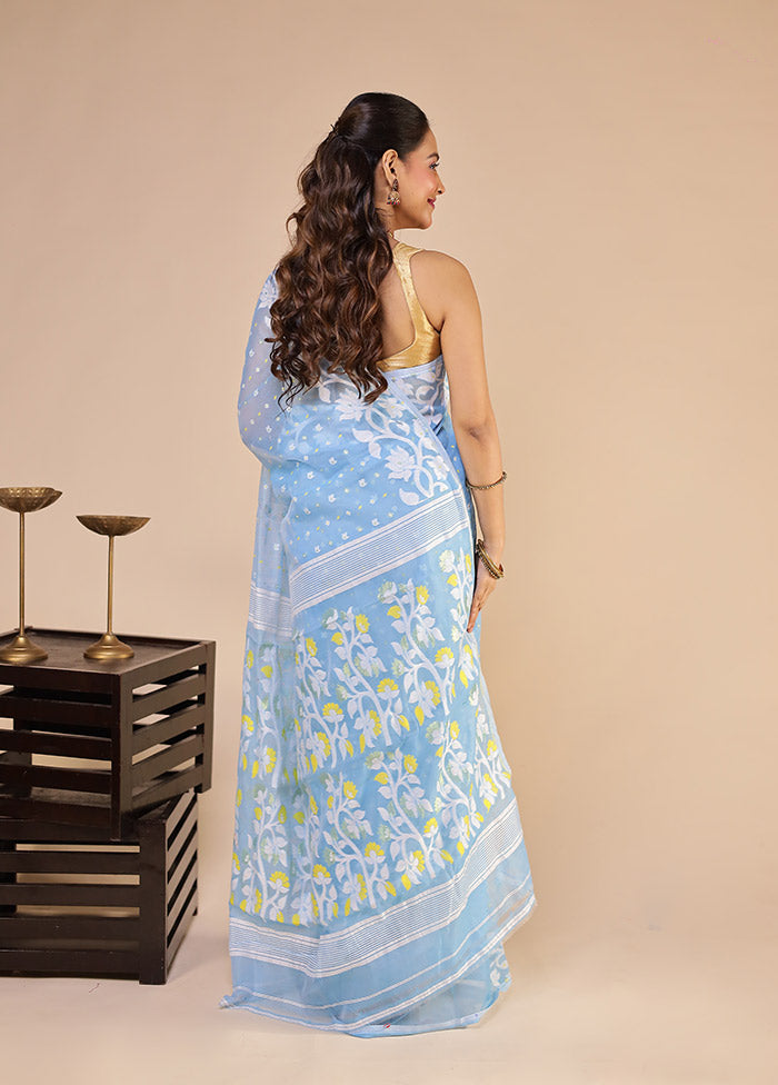 Blue Jamdani Cotton Saree Without Blouse Piece