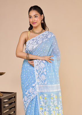 Blue Jamdani Cotton Saree Without Blouse Piece