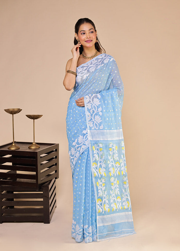 Blue Jamdani Cotton Saree Without Blouse Piece