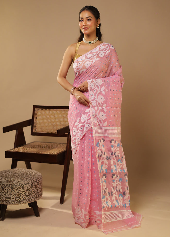 Pink Jamdani Cotton Saree Without Blouse Piece