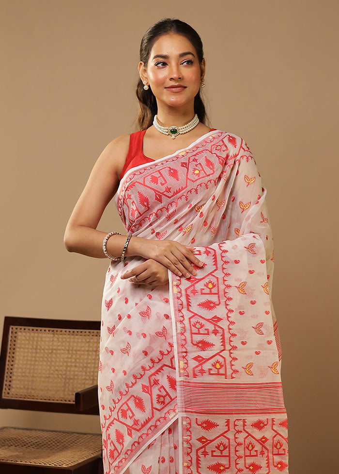White Jamdani Cotton Saree Without Blouse Piece