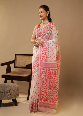 White Jamdani Cotton Saree Without Blouse Piece