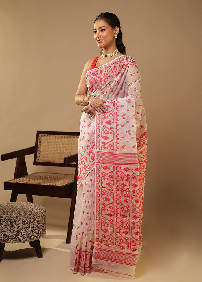 White Jamdani Cotton Saree Without Blouse Piece