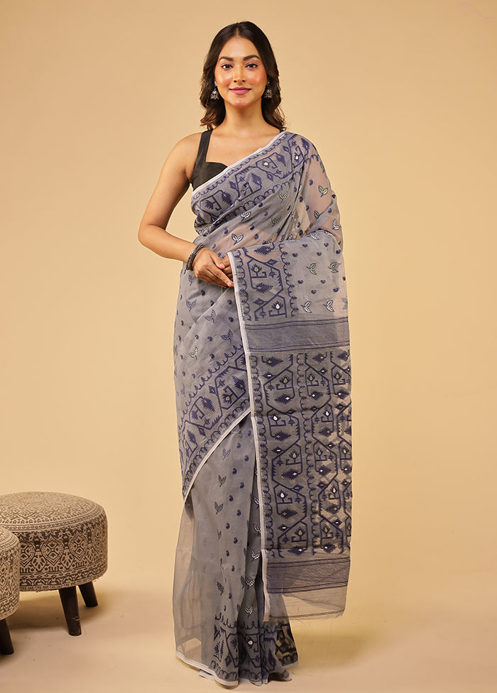 Grey Jamdani Cotton Saree Without Blouse Piece