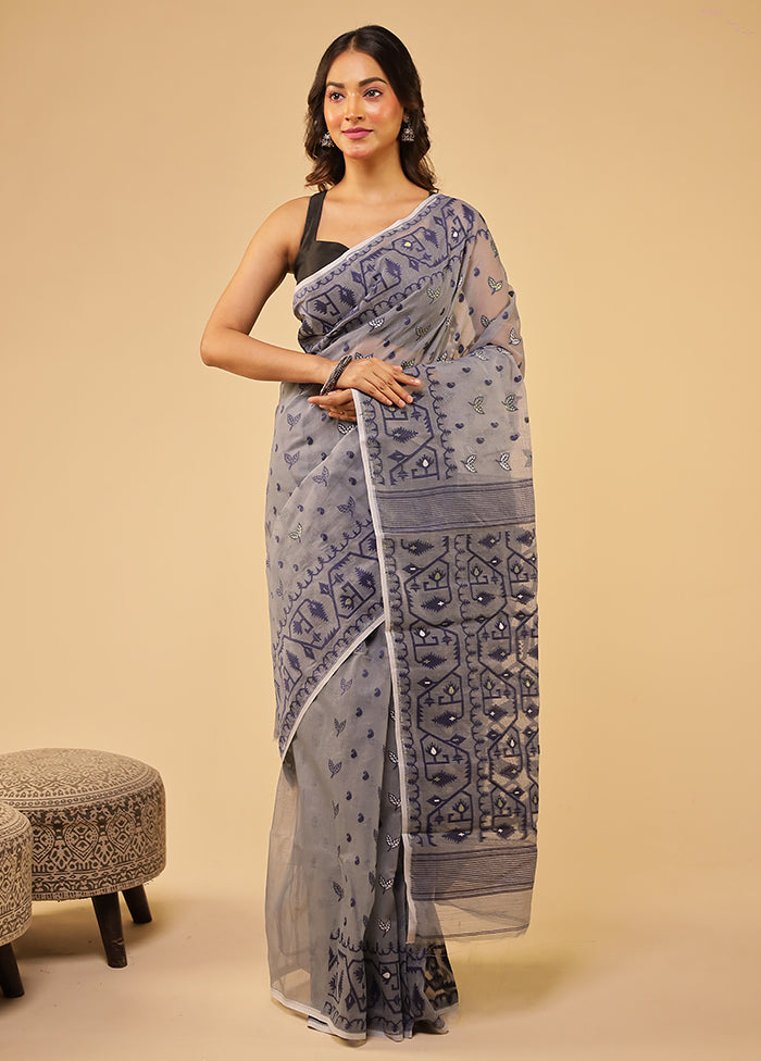 Grey Jamdani Cotton Saree Without Blouse Piece