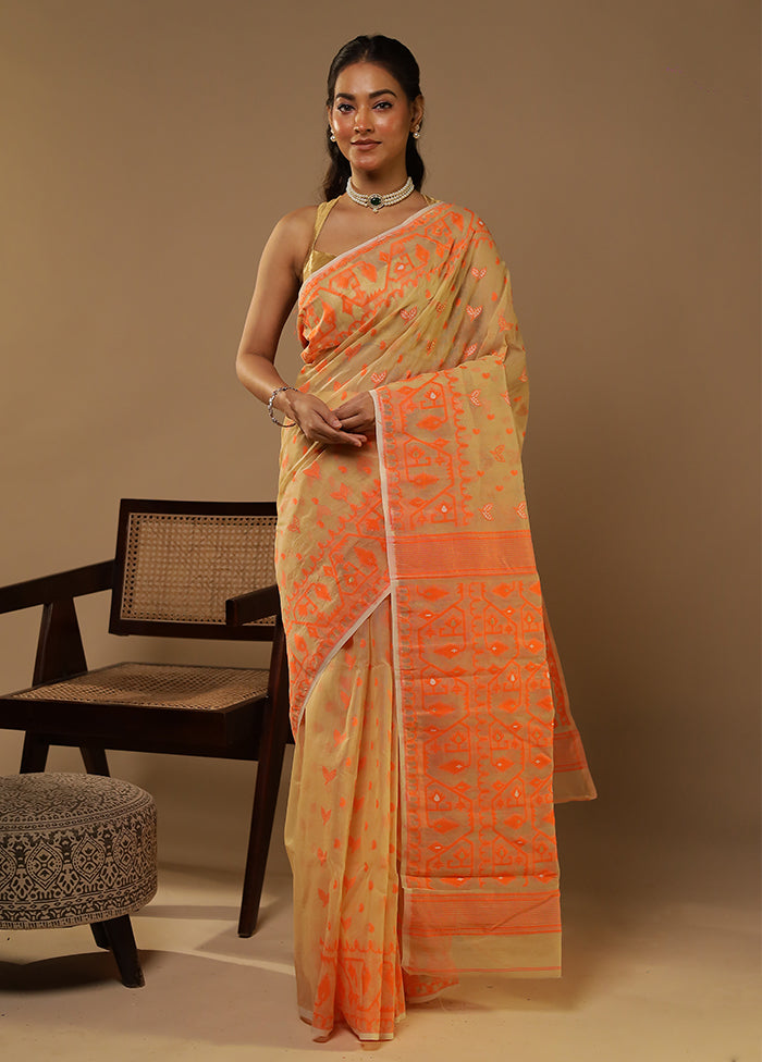 Cream Jamdani Cotton Saree Without Blouse Piece