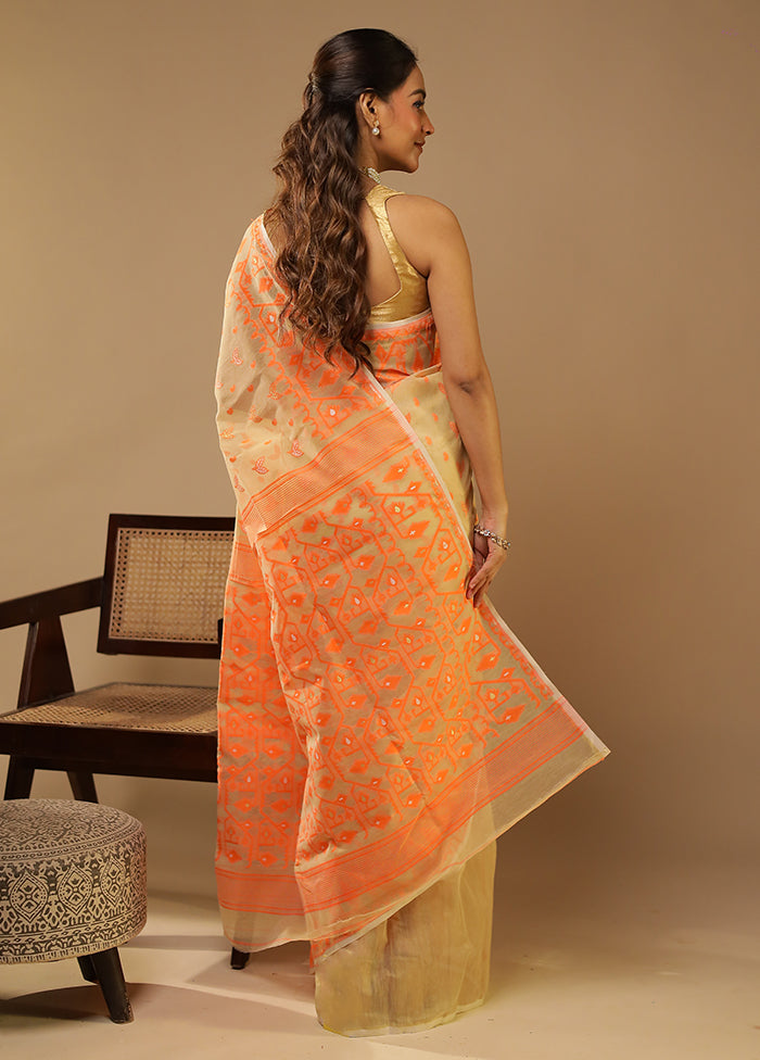 Cream Jamdani Cotton Saree Without Blouse Piece