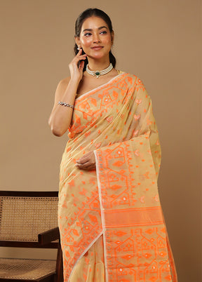 Cream Jamdani Cotton Saree Without Blouse Piece