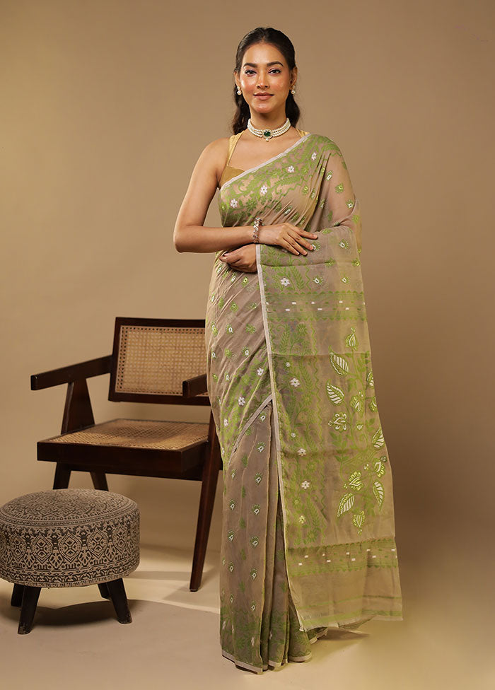 Grey Jamdani Cotton Saree Without Blouse Piece