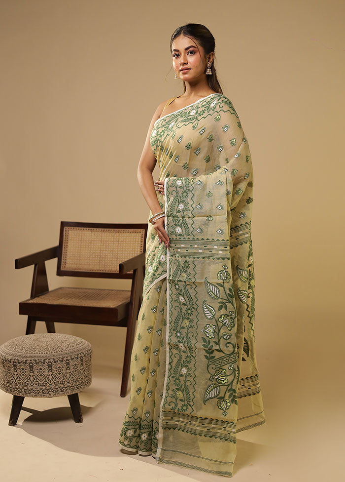 Cream Jamdani Cotton Saree Without Blouse Piece
