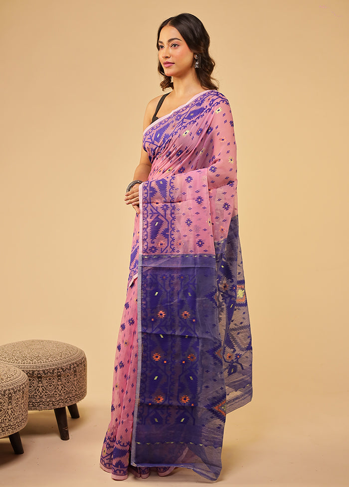 Blue Jamdani Cotton Saree Without Blouse Piece