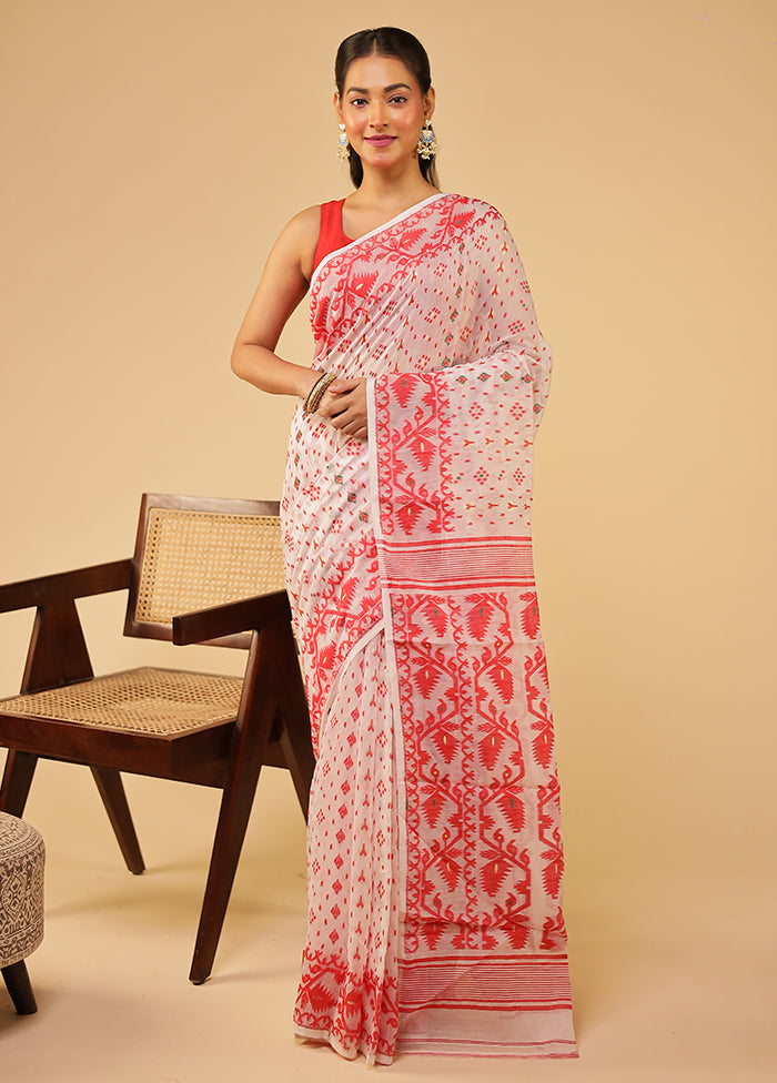 White Jamdani Cotton Saree Without Blouse Piece