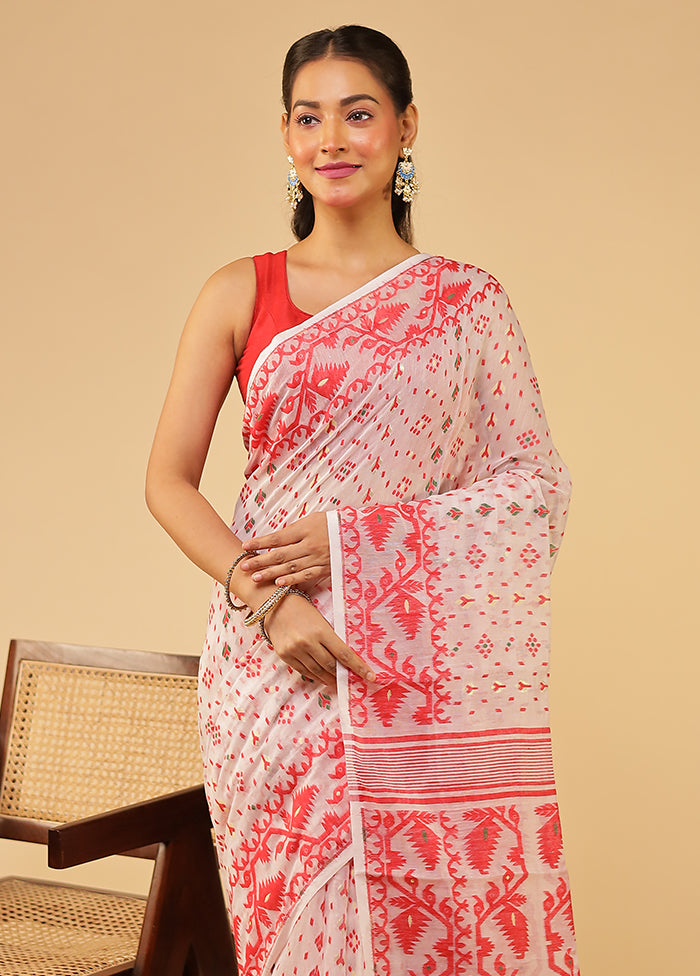 White Jamdani Cotton Saree Without Blouse Piece