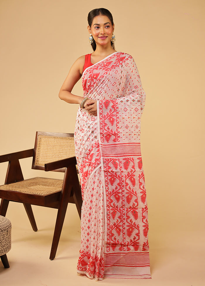 White Jamdani Cotton Saree Without Blouse Piece