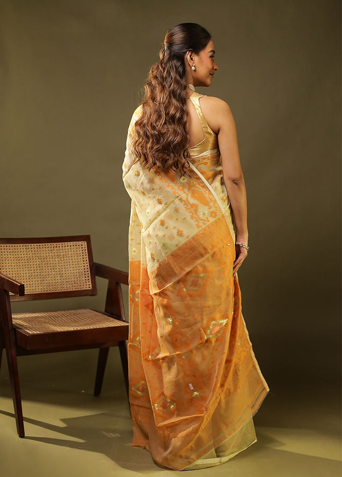 Cream Jamdani Cotton Saree Without Blouse Piece