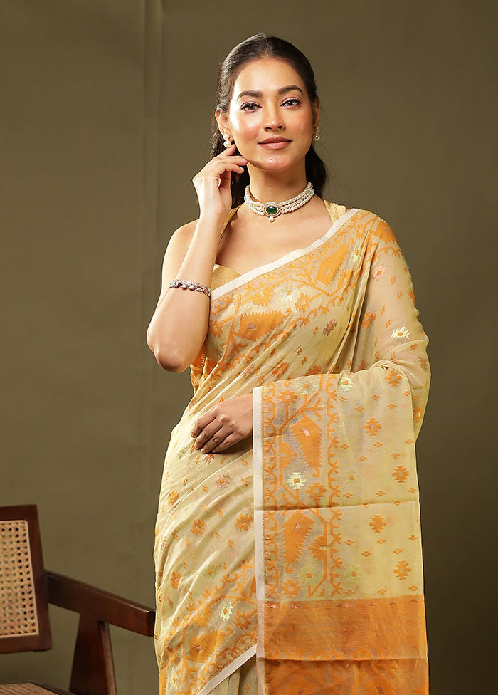 Cream Jamdani Cotton Saree Without Blouse Piece