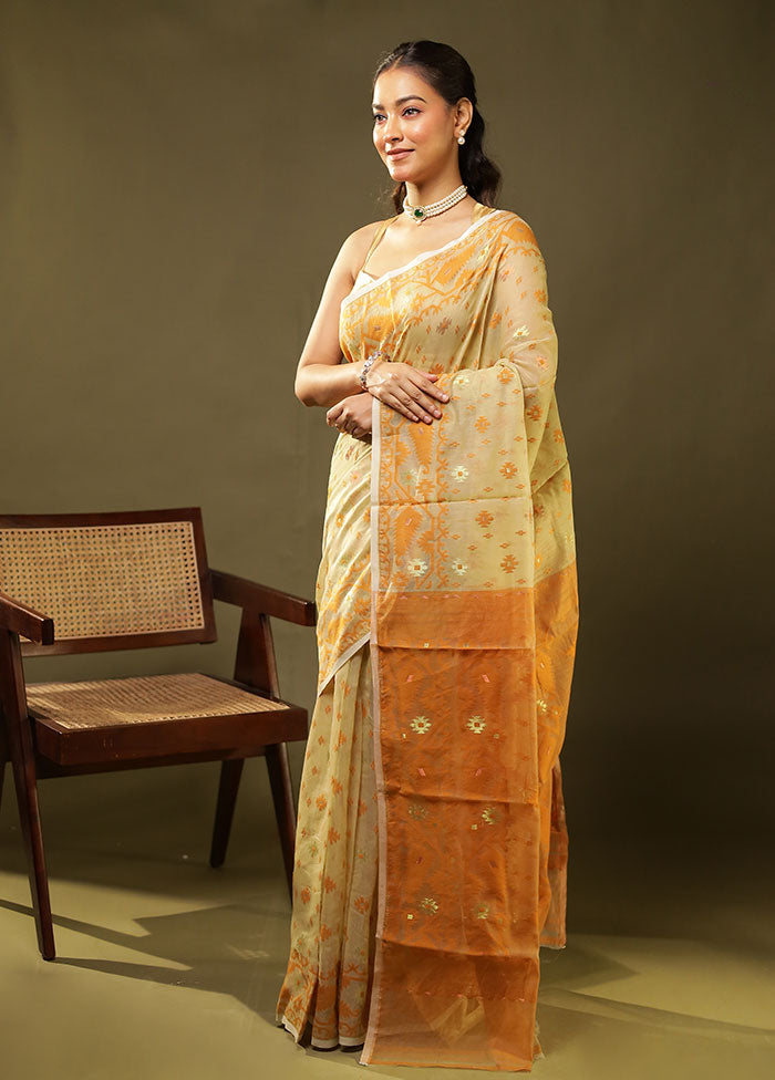 Cream Jamdani Cotton Saree Without Blouse Piece