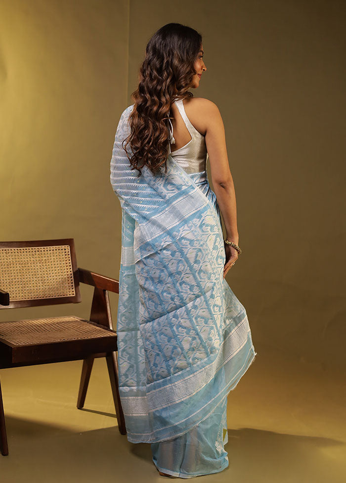 Blue Jamdani Cotton Saree Without Blouse Piece