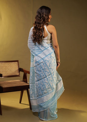 Blue Jamdani Cotton Saree Without Blouse Piece
